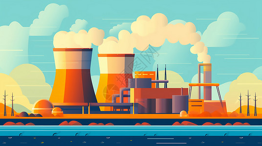 混搭风格的模型设计漫画风格的冒着烟的电厂核电厂设计插图插画