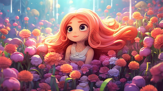 长发女孩公主被花朵包围背景图片