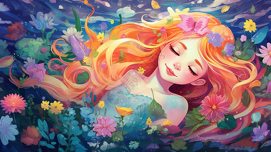 睡梦中长发女孩公主被花朵包围背景图片