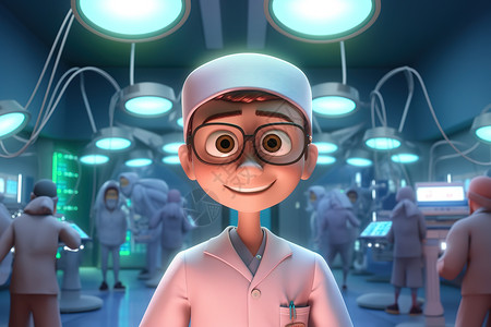 穿手术服的医生形象手术室里的卡通可爱医生职业形象插画