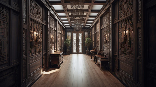 中式走廊中式的实木的奢华的玄关插画