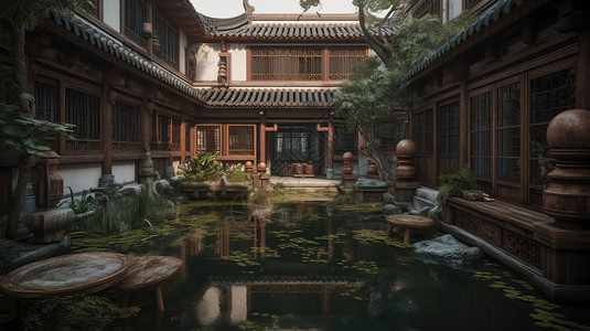 中式古代大户人家木质楼房庭院徽派建筑高清图片
