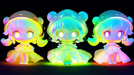 三个颜色光彩色发光可爱的卡通小公主三视图插画