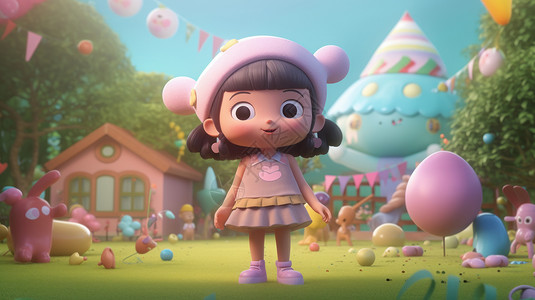 戴粉色帽子的卡通小女孩站在游乐场高清图片