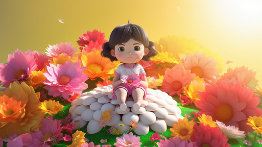 坐在花朵上手里拿花的可爱的卡通立体小女孩高清图片