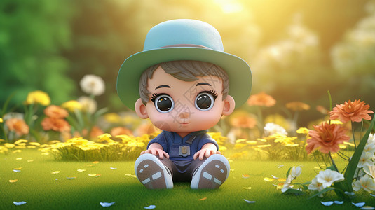 戴帽子的小婴儿可爱的戴帽子的大眼睛小男孩坐在草丛中插画