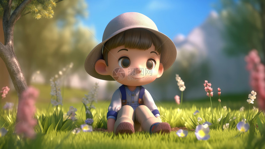 卡通戴帽子的小男孩坐在草地上图片