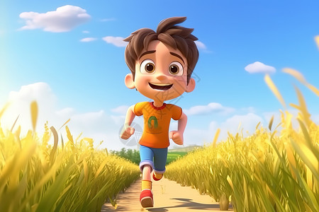 麦田里阳光可爱的男孩开心地在麦田里奔跑插画