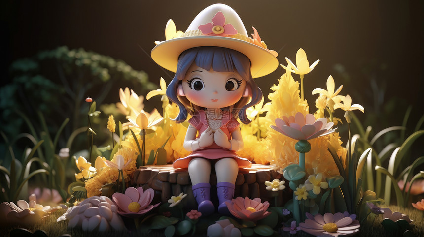 可爱的卡通小女孩戴黄色帽子坐在花朵中图片