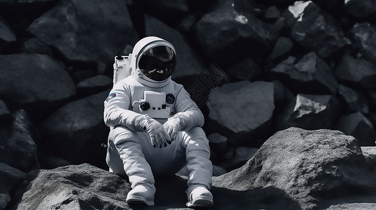 宇航员坐在黑色的石头背景图片