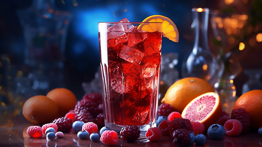 装满果汁的杯子加入水果和冰块的果汁伏特加插画