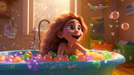 在满是彩色泡泡球的浴缸中嬉戏玩耍的长发卷发小女孩插画