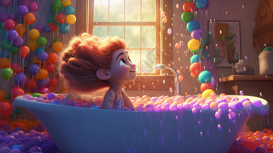 在满是彩色泡泡的浴室中的可爱的立体卡通小女孩高清图片