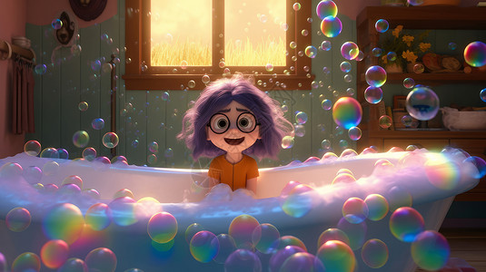 泡沫中的女孩戴着眼镜的卡通短发立体卡通小女孩在满是泡沫的浴缸中嬉戏插画