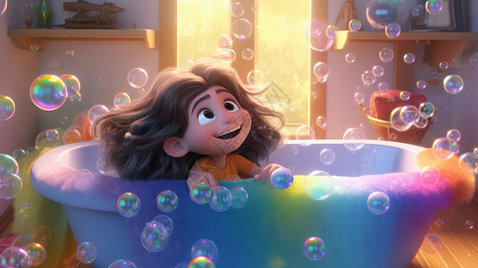 彩色泡泡气泡可爱的小女孩在浴缸中看着满屋的气泡开心插画