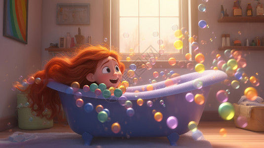 浴缸泡泡可爱的长发卷发卡通女孩开心的在浴缸里玩耍插画