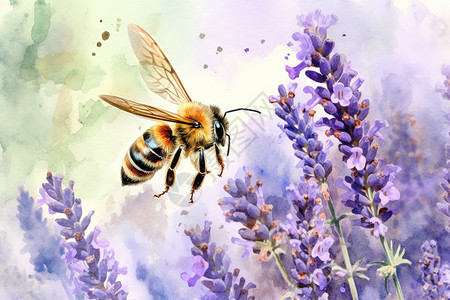 薰衣草上的小蜜蜂水彩画背景图片