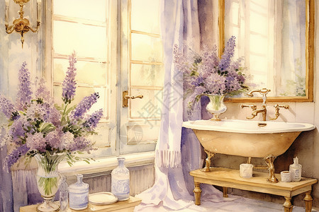 浪漫紫色薰衣草复古浴室浴缸背景图片
