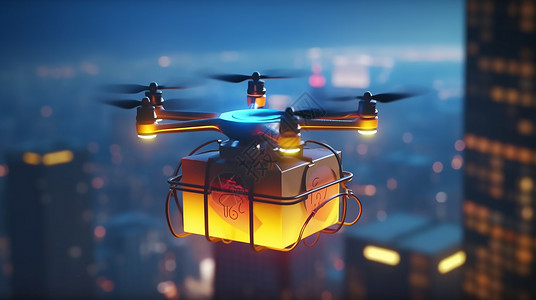 飞翔科技未来主义城市上空飞翔的运输物品的无人机插画