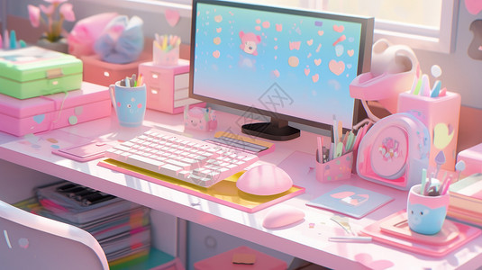 粉色笔筒粉色梦幻电脑桌插画