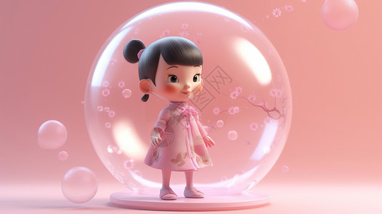 站在气泡里穿粉色裙子卡通小女孩图片
