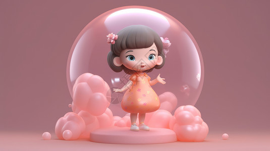 透明泡泡粉色站在巨大泡泡里穿粉色裙子的卡通小女孩插画