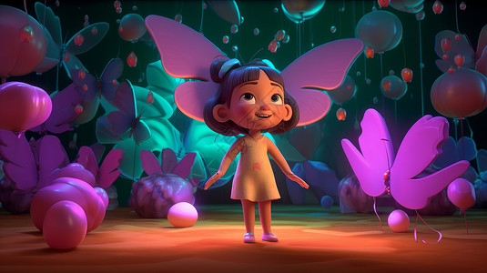 可爱的卡通小女孩在看巨大发光蝴蝶背景图片
