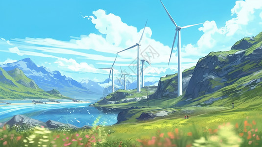 山中新能源风车油画图片