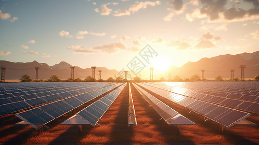 夕阳下大面积太阳能电板新能源发电厂图片