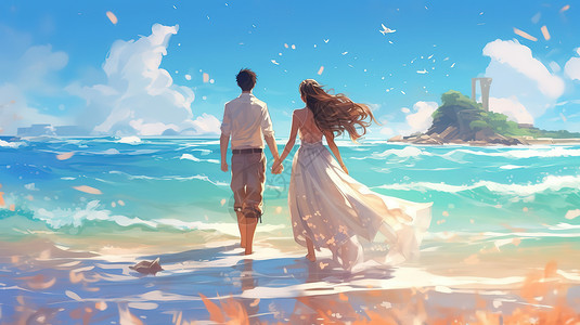 情侣闲聊散步情侣在湛蓝的海边拍婚纱照插画