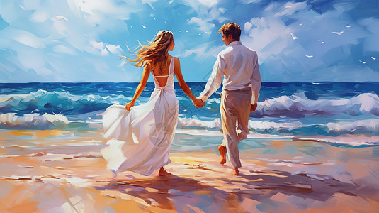 在湛蓝的海边拍婚纱照的一对情侣背景图片