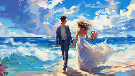 拍水一对情侣在湛蓝的海边拍婚纱照插画