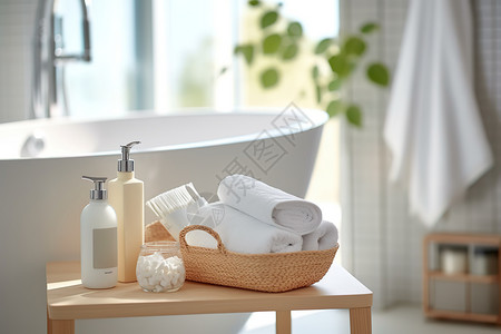 白色浴室毛巾家居浴室浴缸旁的洗漱用品插画