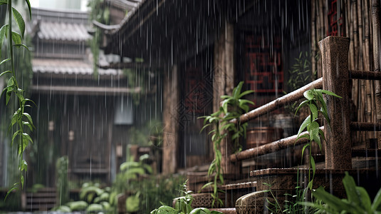 雨中古建筑背景图片