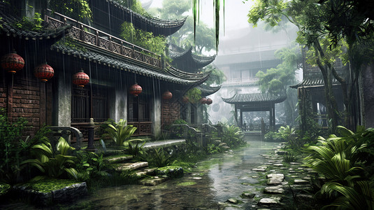 江南古建筑雨天背景图片