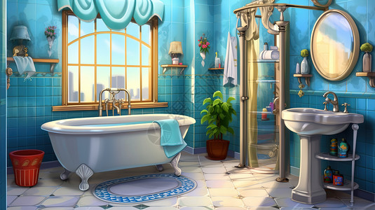蓝色瓷砖卫生间背景图片