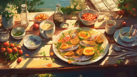 一盘鱼桌上一盘食物的绘画插画