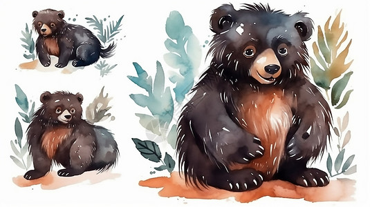 手绘水彩可爱的卡通树懒熊图画背景图片