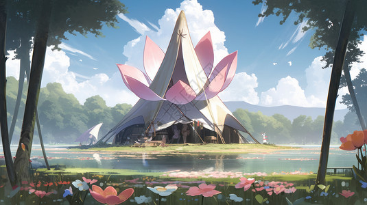 湖大森林中一个超级大的卡通花朵帐篷在湖面上插画