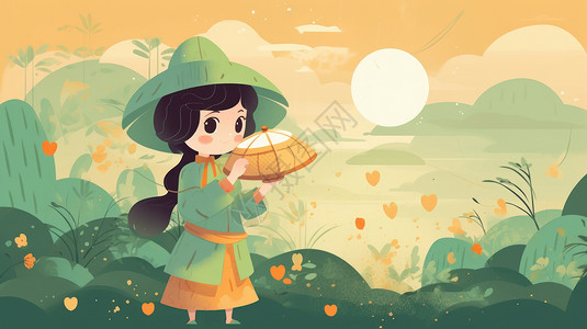 儿童帽站在田地里戴着帽着拿着器皿卡通女孩插画