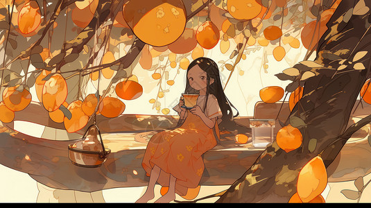 坐在丰收的大树下喝茶的卡通女孩背景图片