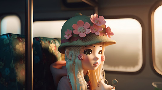 戴花朵帽子的立体卡通小女孩图片