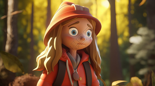 大眼睛担心表情在森林里徒步的立体卡通女孩背景图片