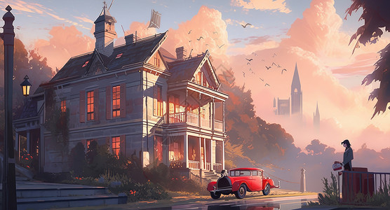 古典车夕阳下的复古欧洲小镇古典房子插画