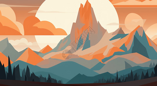 简约几何装饰画夕阳下的大山背景图片