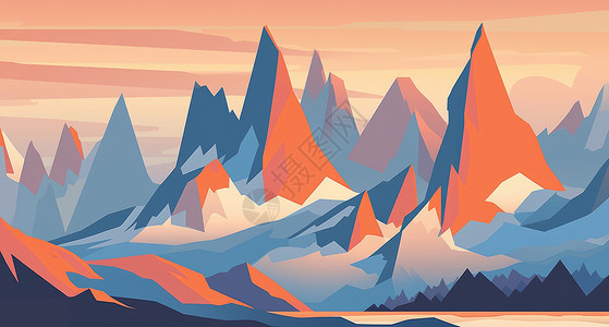 暖色几何夕阳下的高山简约几何装饰画插画