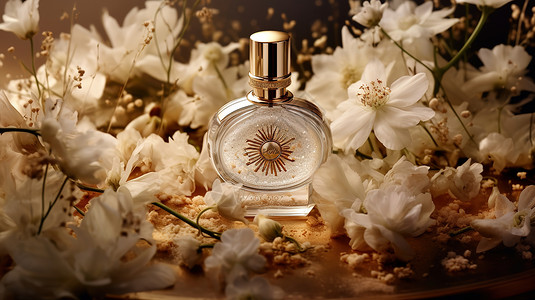 香水瓶在鲜花丛中背景图片