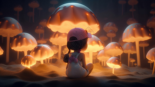 小蘑菇梦幻蘑菇园坐着一个卡通女孩背影插画
