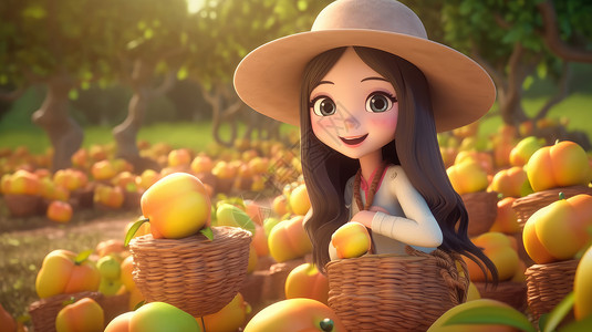 一堆芒果提着一竹篮子桃子的立体卡通女孩插画