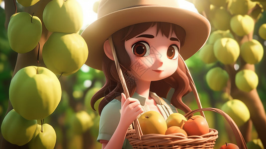 丰收水果可爱立体卡通女孩背景图片